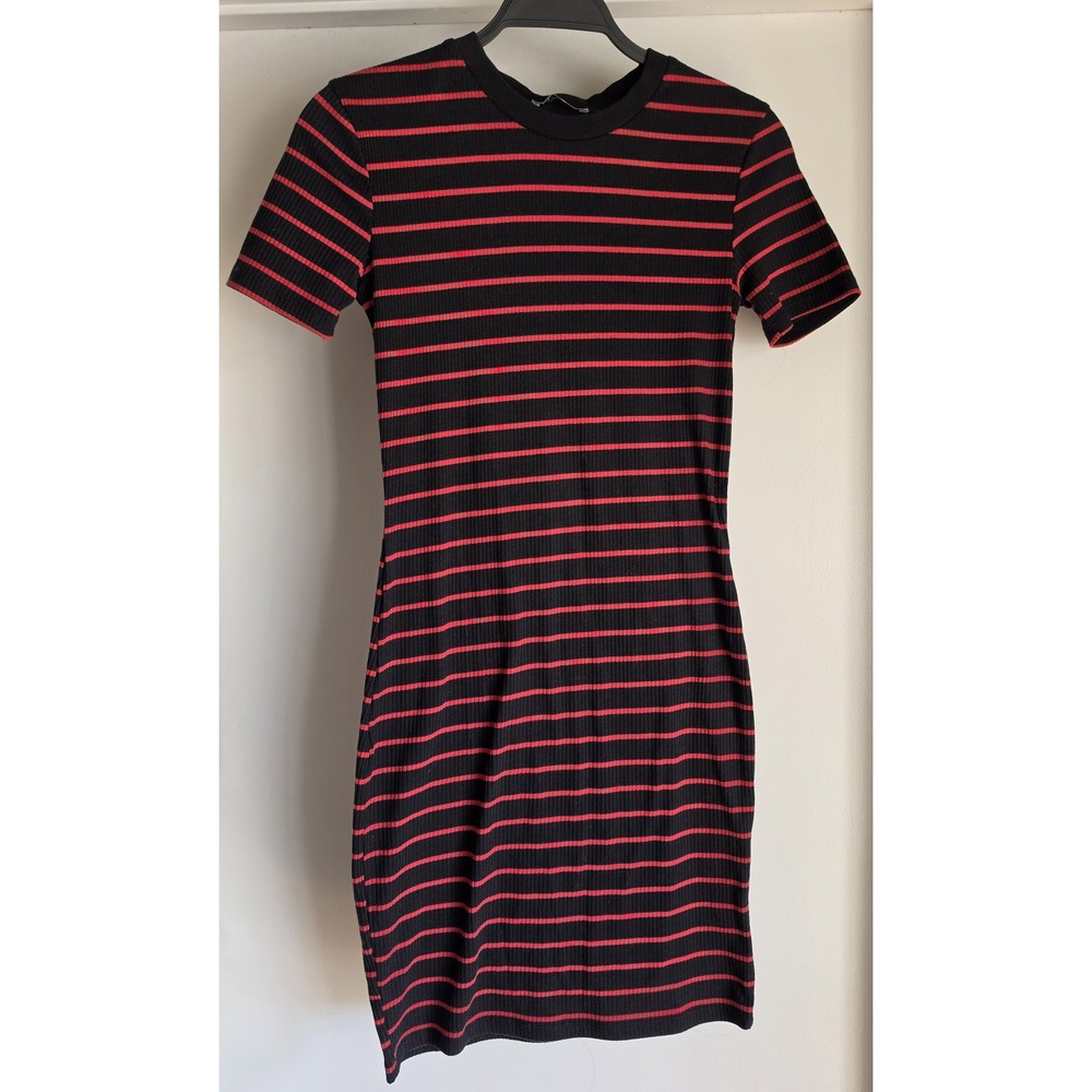 Zara Trafaluc Mini Dress Size S Black Red Striped Crew Neck Short Sleeve Shift